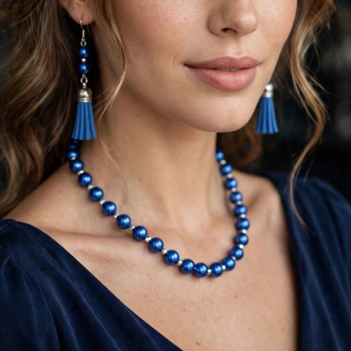 Handmade beaded blue summer necklace and earrings set new