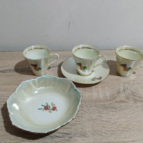 Porcelain coffee cups used, set of 3 with saucer and small bowl