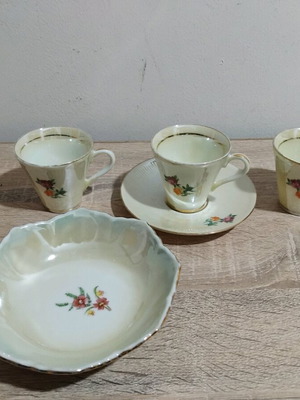 Porcelain coffee cups used, set of 3 with saucer and small bowl