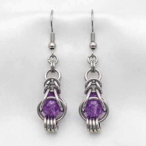 Earrings with Byzantine chainmail and purple stone, new stainless steel
