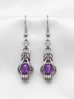 Earrings with Byzantine chainmail and purple stone, new stainless steel