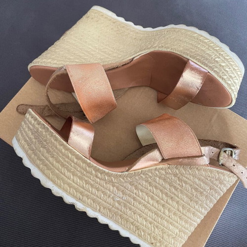 Platform sandals size 39, Greek made, rose gold leather straps
