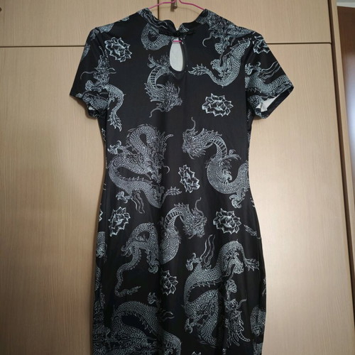 Mini dress used with Chinese dragon print, black, size M