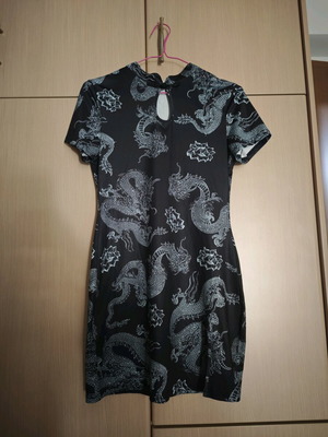 Mini dress used with Chinese dragon print, black, size M