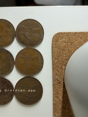 One Penny coins used lot of 7 Great Britain 1921-1967 George V-VI Elizabeth II