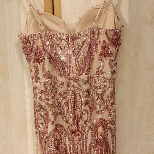 Pink maxi sequin dress like new with side slit and beads