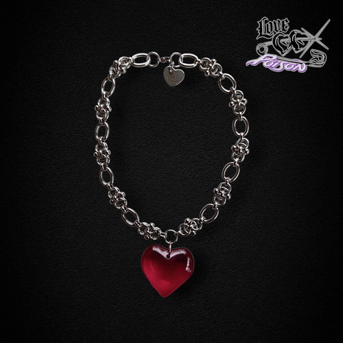 Love X Poison Handmade Stainless Steel Chainmail Choker Necklace with Red Glass Heart Pendant