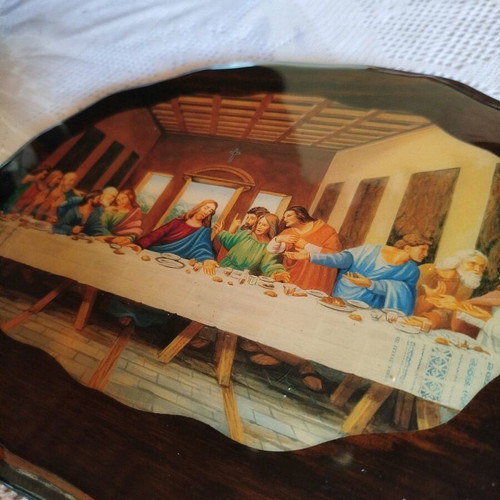 Wooden vintage wall plaque with Last Supper depiction used