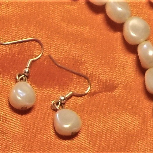 Pearl set necklace, bracelets and earrings with black satin ribbon