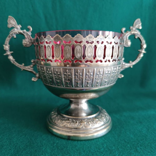 Vintage silver-plated Art Nouveau sugar bowl with blown red glass insert like new