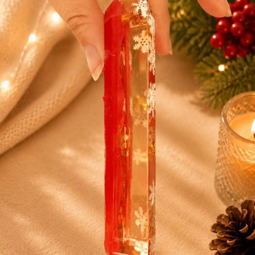 Handmade Resin Soap Dish Winter Magic deep red with iridescent snowflakes