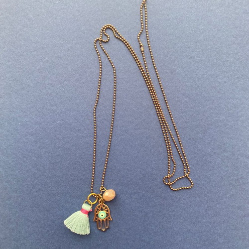 Hamsa Lucky Hand Long Necklace with Turquoise and Brown Steel Chain
