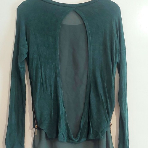 Italian Style blouse with sheer layers and decorative zippers, medium, cypress green