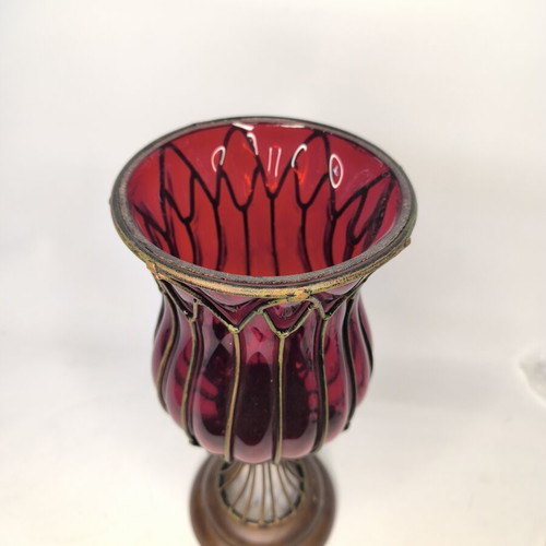 Handmade red glass vase candleholder with metal base and cage new