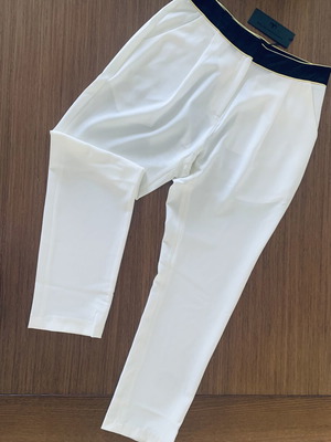 Stelios Koudounaris baggy fabric pants, ecru with black and yellow trim