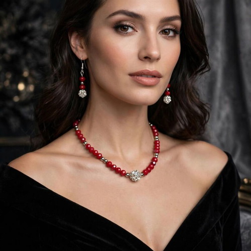Handmade crystal beaded red and silver elegant jewelry set