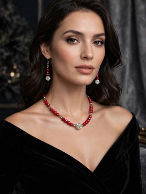 Handmade crystal beaded red and silver elegant jewelry set