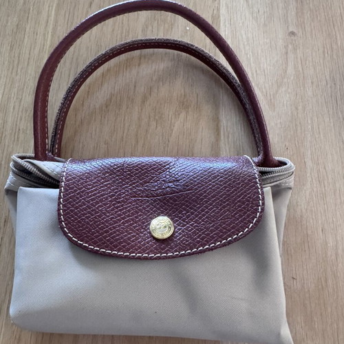 Longchamp Le Pliage handbag used, beige with brown leather details