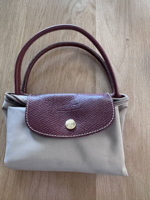 Longchamp Le Pliage handbag used, beige with brown leather details