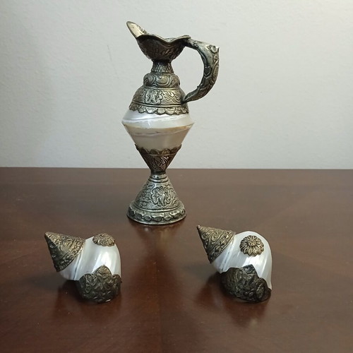 Tibetan natural shells set with alpaca overlay, handmade, vintage