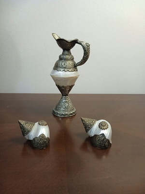Tibetan natural shells set with alpaca overlay, handmade, vintage