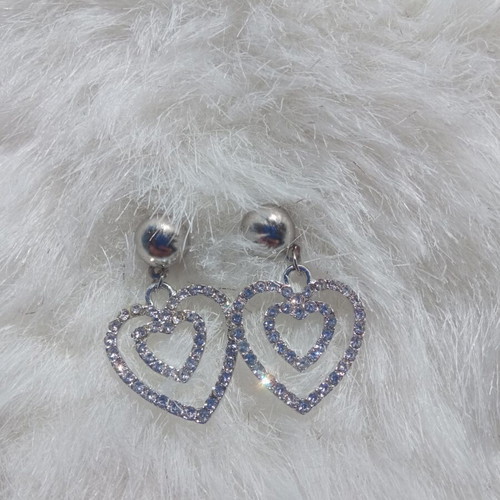 Heart earrings with rhinestones, silver color