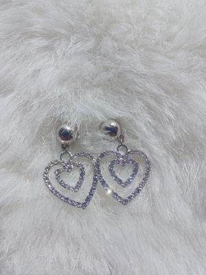 Heart earrings with rhinestones, silver color