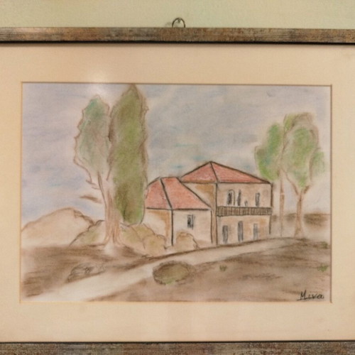 Handmade drawing with colored pencils in framed glass like new
