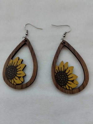 Ξύλινα σκουλαρίκια με ηλιοτρόπια καινούργια, καφέ και κίτρινα