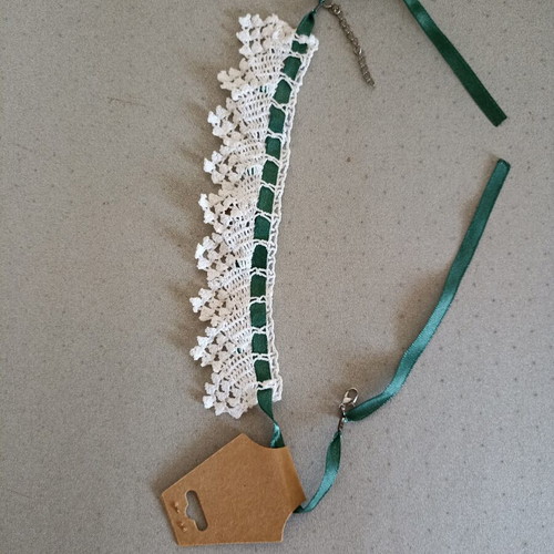 Vintage boho knitted choker necklace with petrol ribbon and crystals