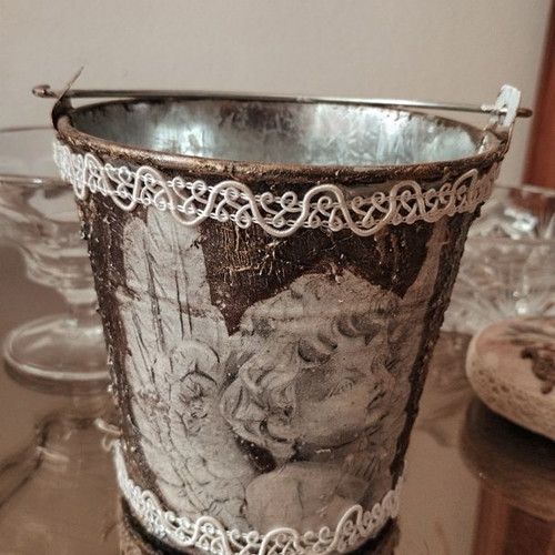 Decorative metal bucket with decoupage new