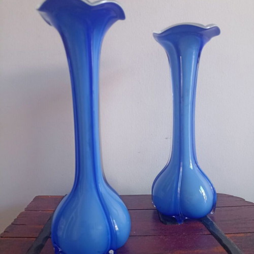 Vintage opaline vases used, set of 2, 29 cm height