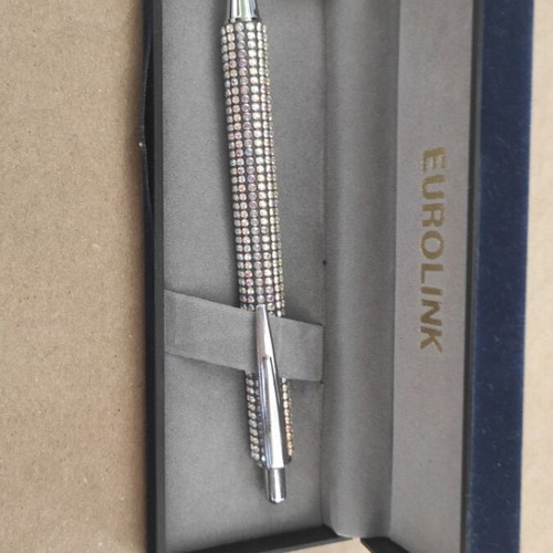 Euro link ballpoint pen used with rhinestones in blue velvet case