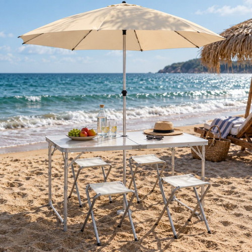 Folding table with 4 chairs and umbrella hole, new, white