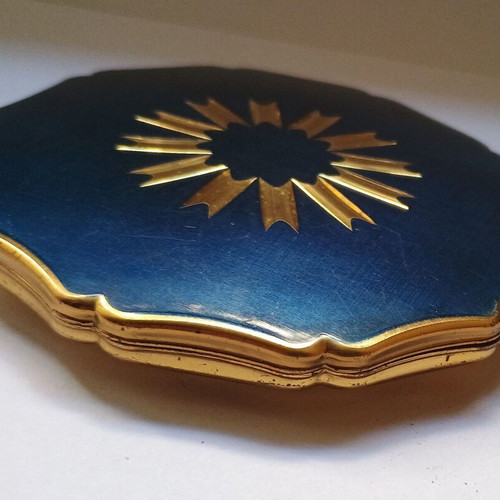 Vintage Stratton powder case used with mirror, blue and gold enamel