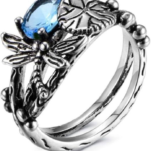 Fashion women's ring with blue topaz and dragonfly, new