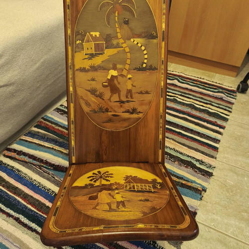 Handmade wooden folding chair from Madagascar used, decorative marquetry
