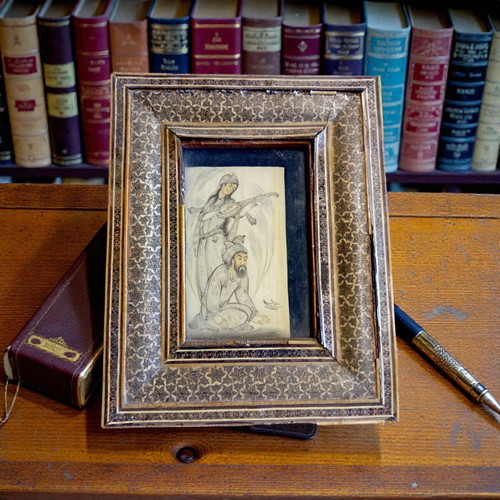 Persian Handmade Artwork on Camel Bone in Wooden Frame used