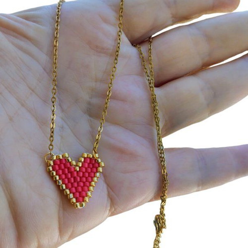 Steel necklace heart pendant with miyuki delica beads