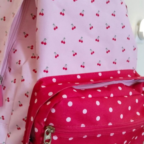 School bag used, pink with cherry and polka dot pattern