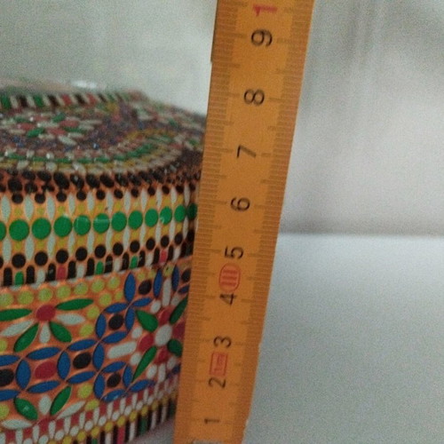 Vintage metal box with embossed floral design and Pointillism mosaic