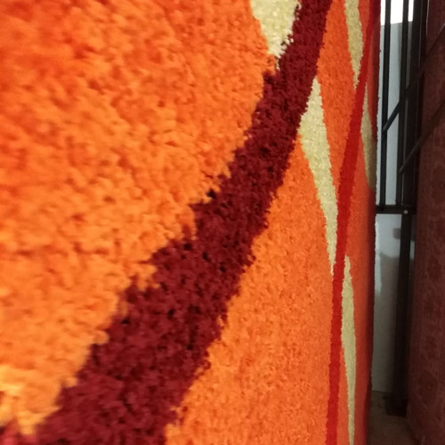 Shaggy rug 2x3 new, dense, warm, antistatic, hypoallergenic, orange with yellow and burgundy design
