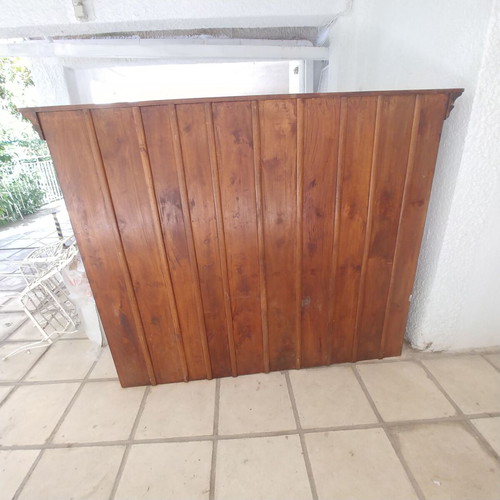 Two-piece walnut wood furniture unit with glass shelves