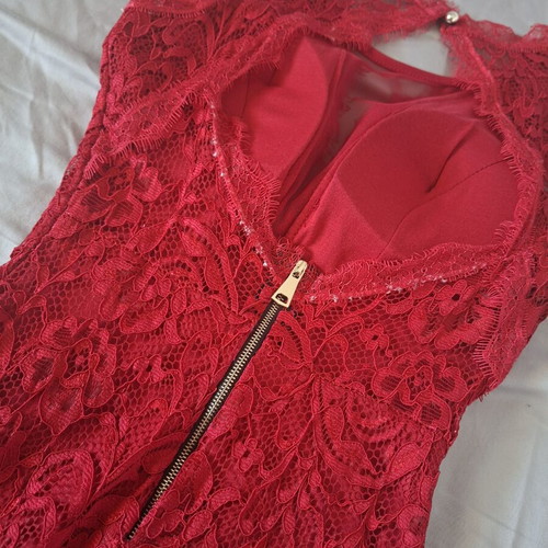 Red embroidered dress with chest transparency and open back, like new
