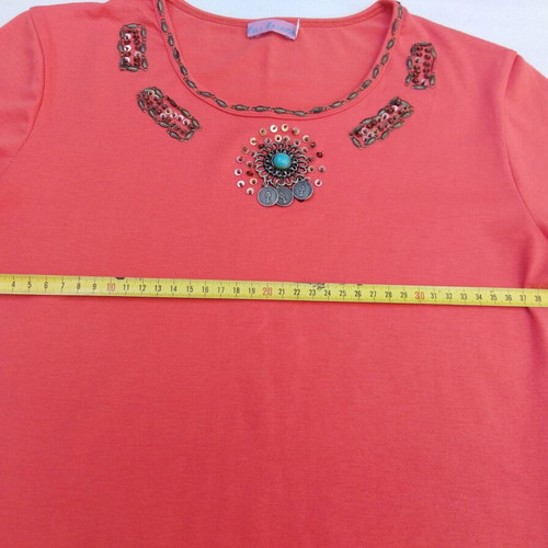 Vintage women's t-shirt with sequins and beads, new, red watermelon color, size L