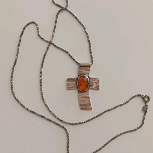 Handmade silver cross with natural Baltic amber like new