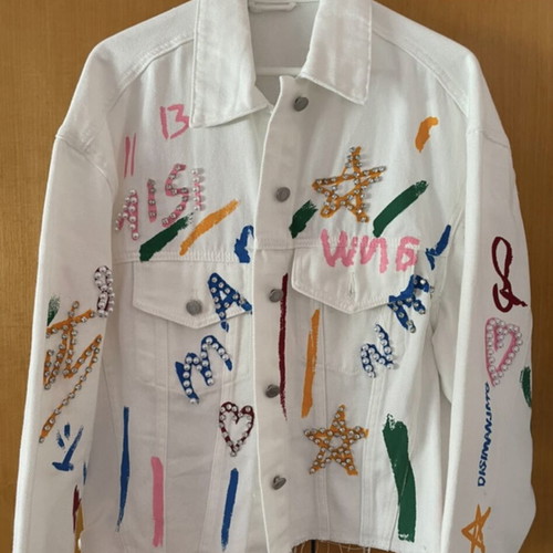 Rock denim jacket white with pearls and colorful details like new
