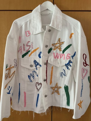 Rock denim jacket white with pearls and colorful details like new