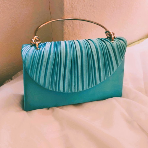 Satin evening bag new in turquoise petrol color