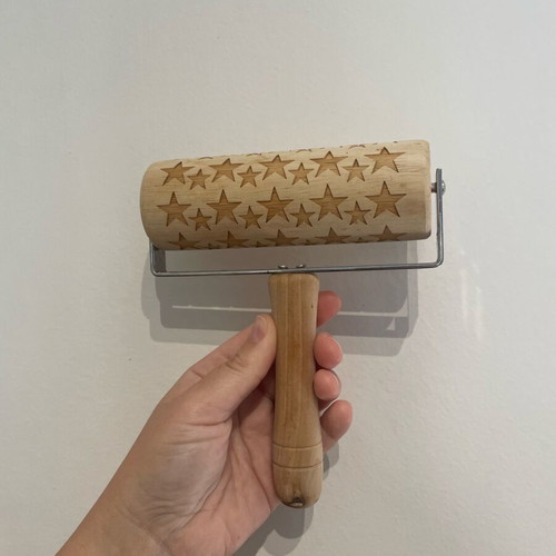 Wooden embossed rolling pin with star pattern new